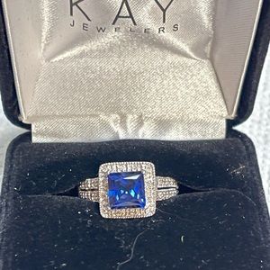 10K White Gold Princess Cut Lab-created Sapphire Ring with Diamond Accents